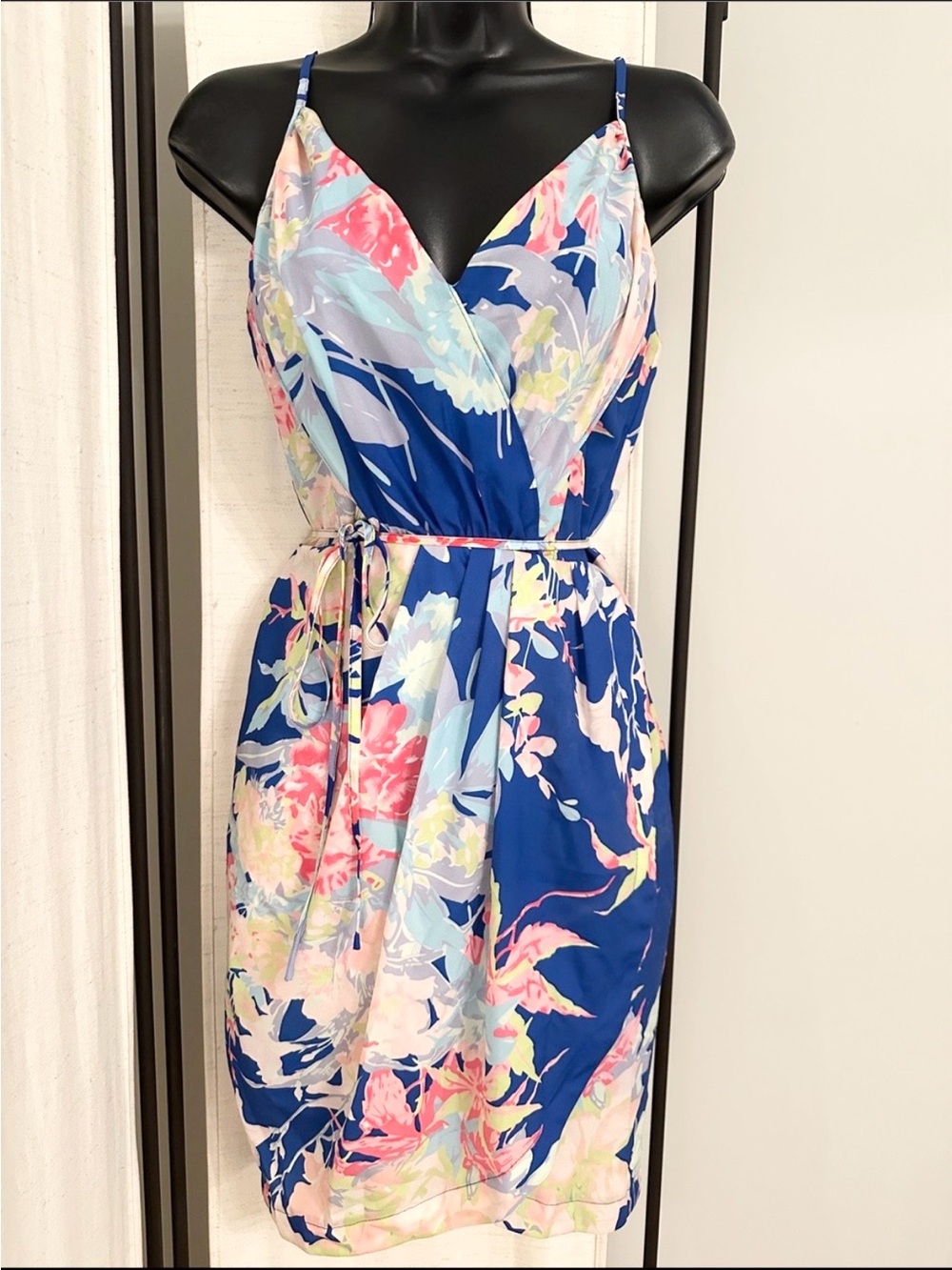 Yumi Kim Blue Pink Floral Print Spaghetti Strap Tie Waist Mini Dress XS